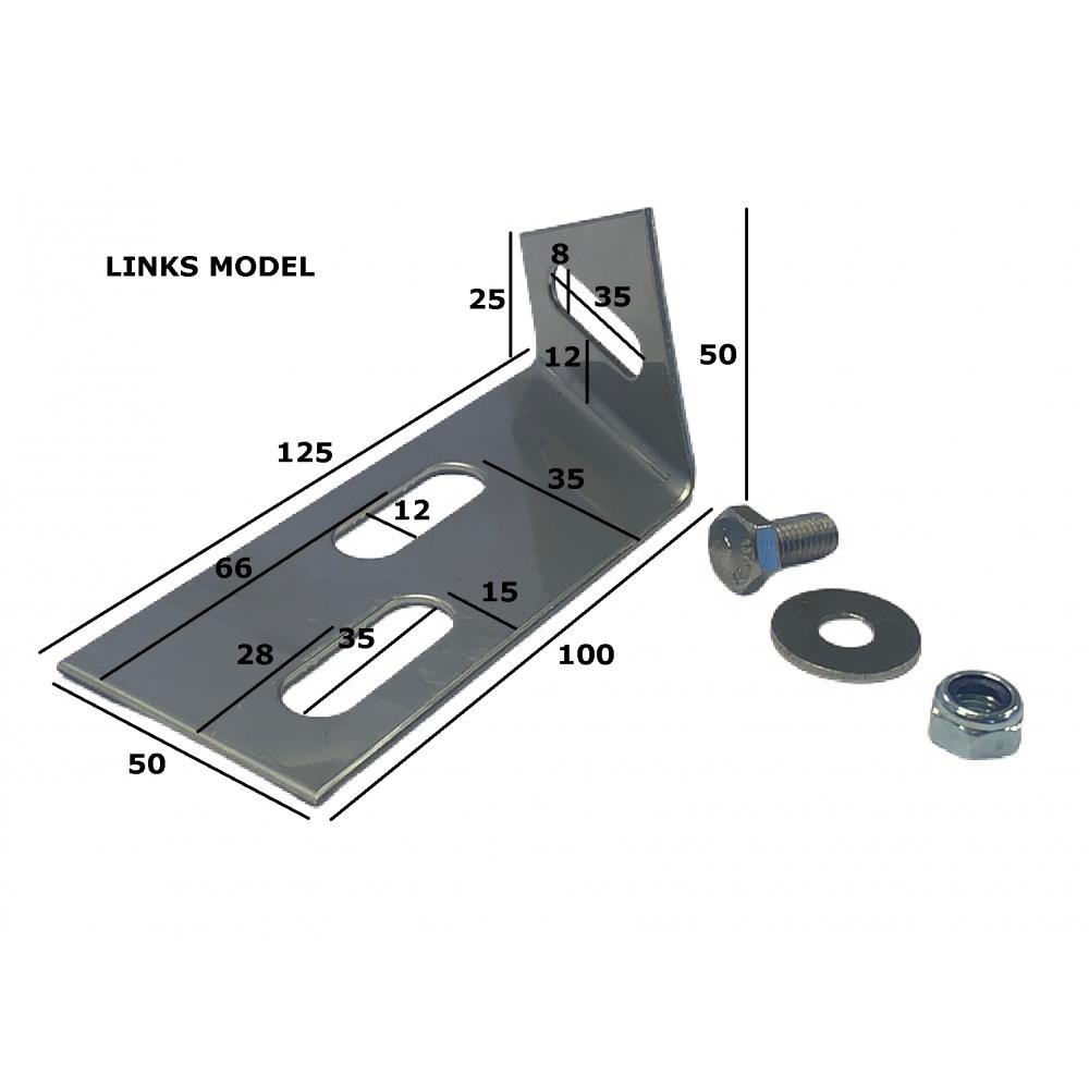Soporte de montaje a la izquierda, modelo con dimensiones Dimensiones del soporte de montaje para comederos de cerdos de engorde